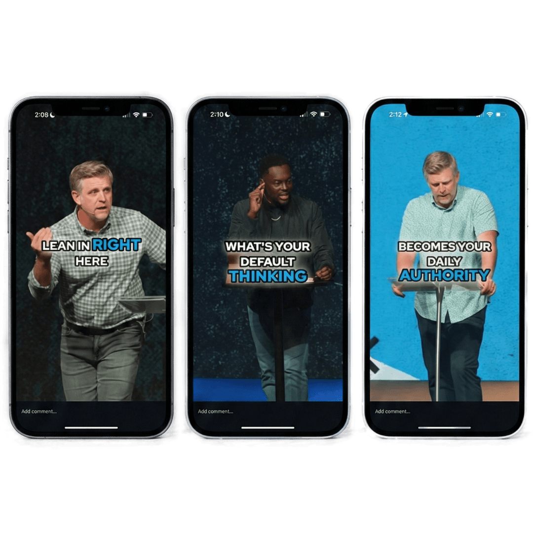 Sermon clip on iPhone showing pastor with captions