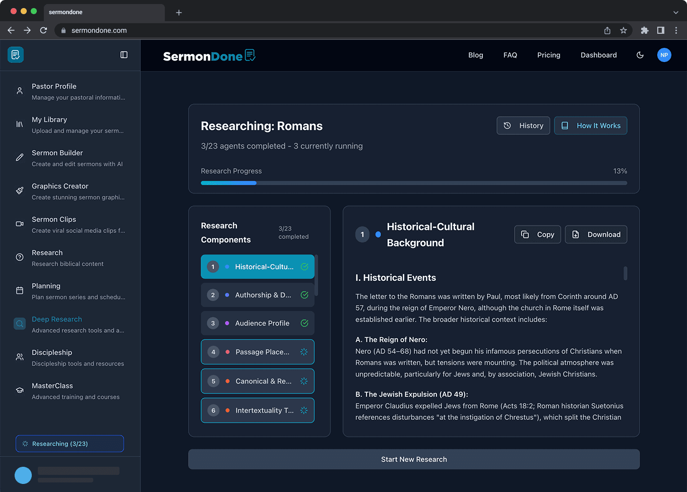 SermonDone Research Dashboard showing 23 AI agents analyzing Romans 1