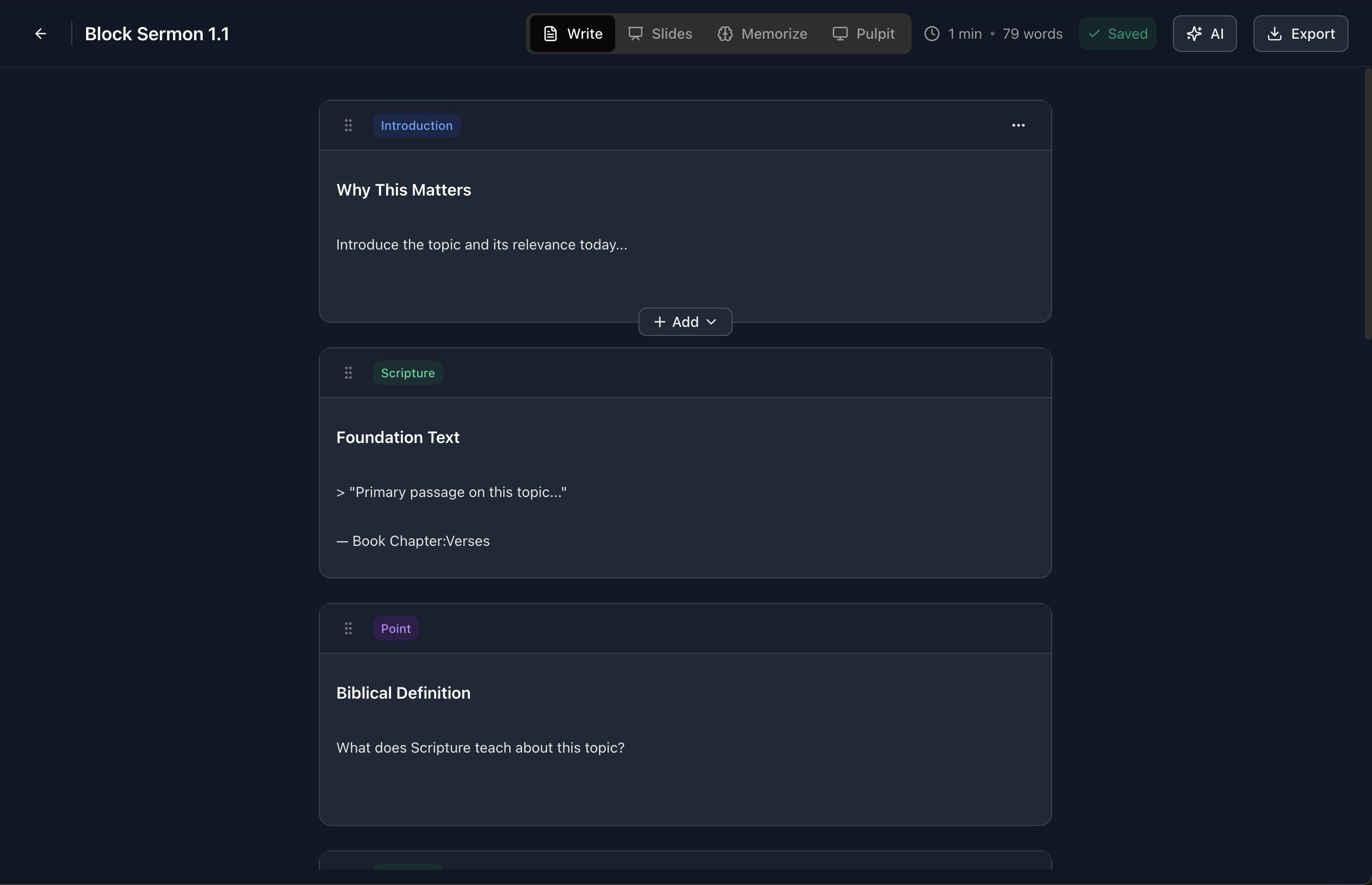 SermonDone Block Editor with structured sections