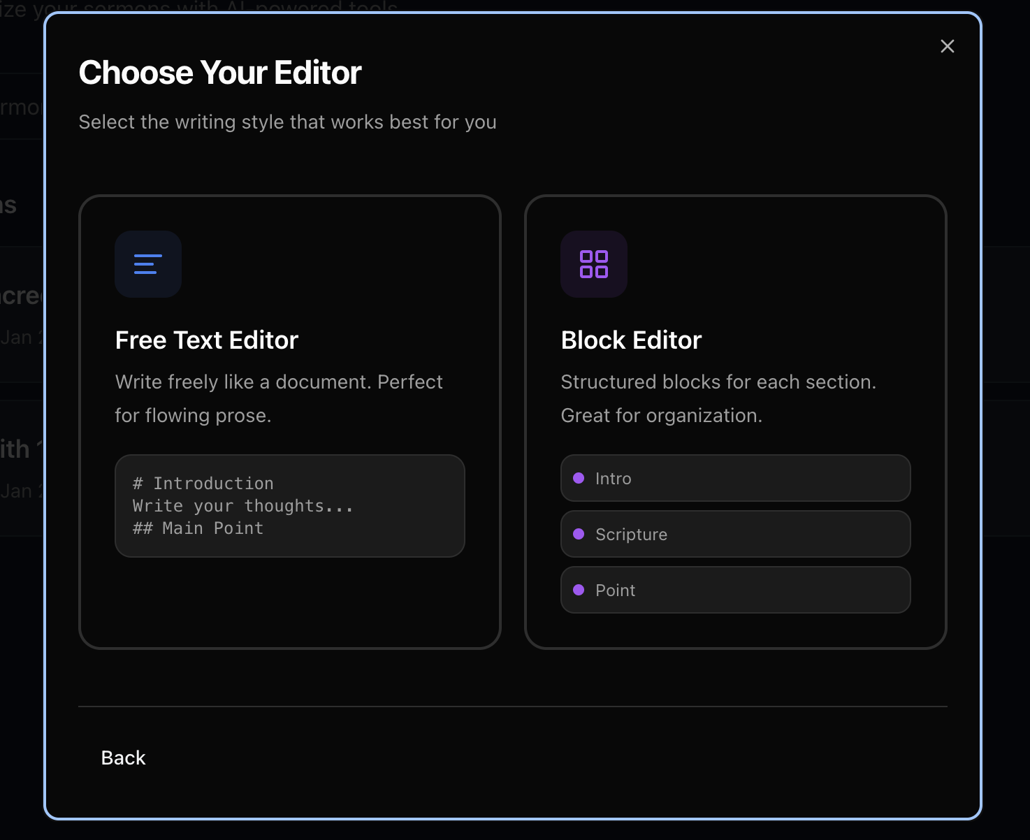 Choose between Free Text Editor and Block Editor