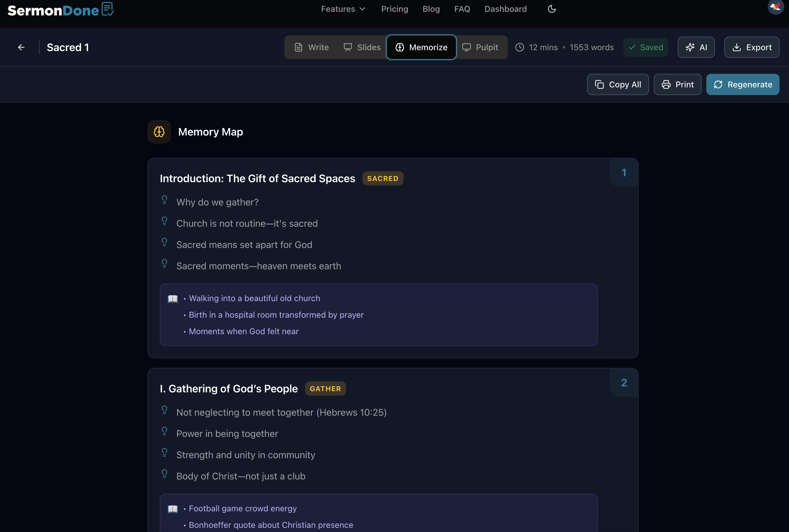 SermonDone Memorize Mode with Memory Map