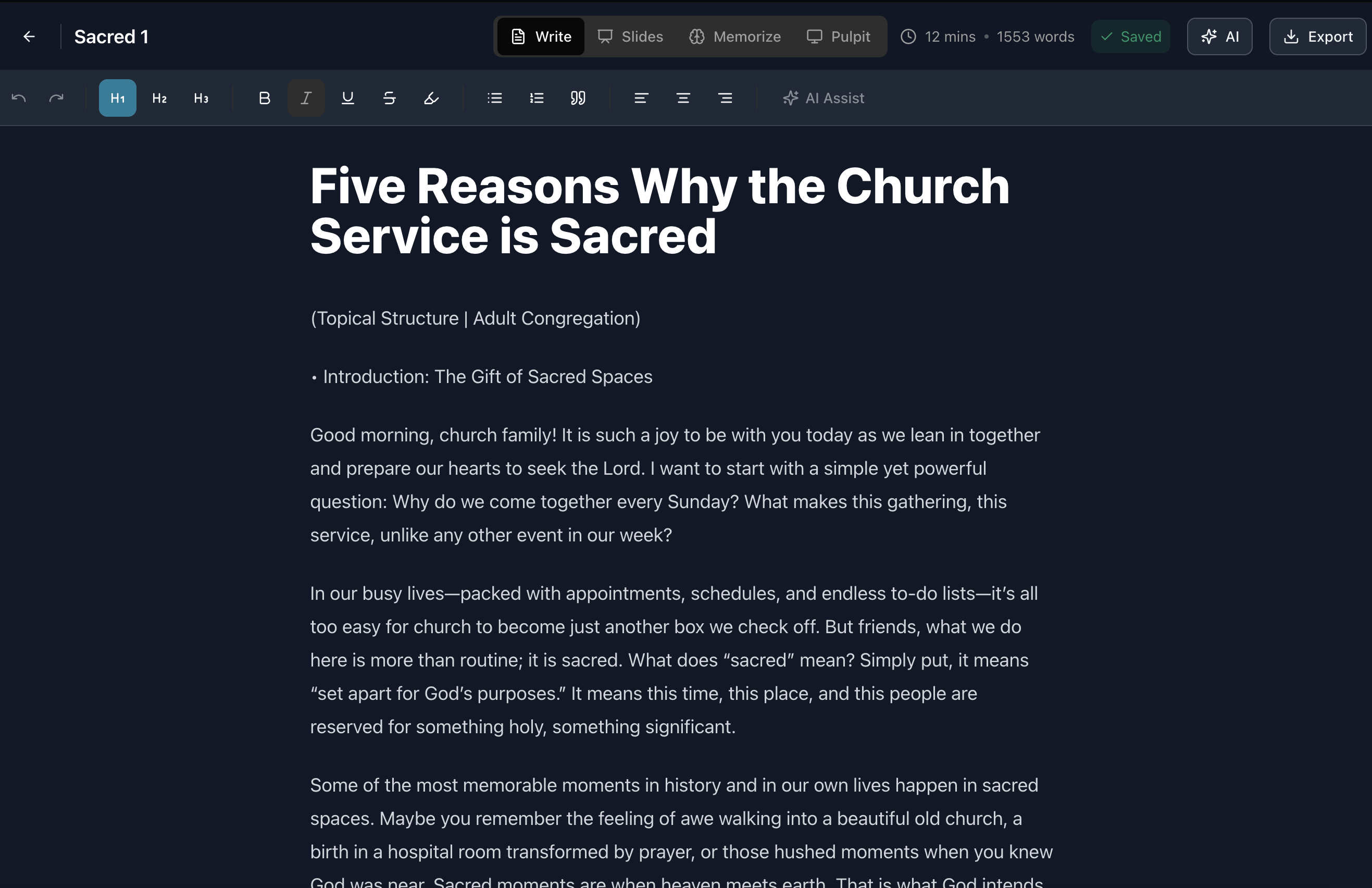 SermonDone Writer Interface with rich text editing and AI assistance