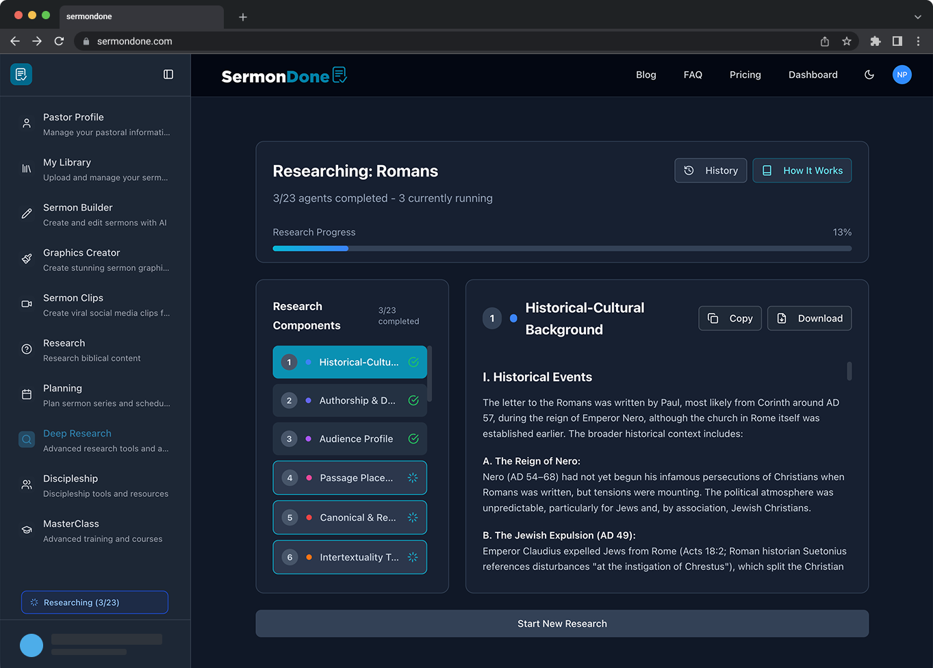SermonDone Research Dashboard showing 23 AI agents analyzing Romans 1